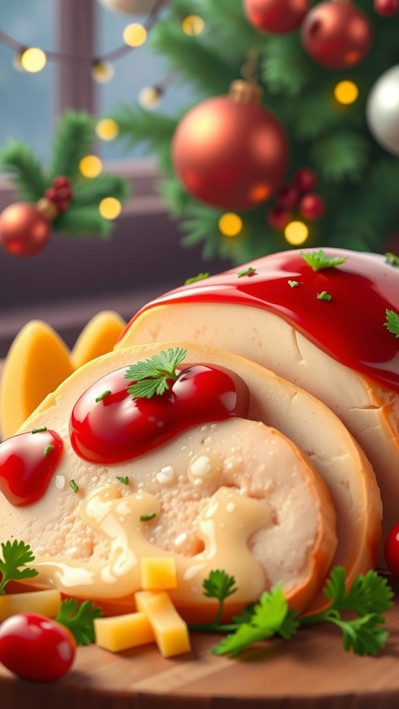 A festive dish with turkey, cranberry sauce, and cheese, set against a Christmas-themed background.
